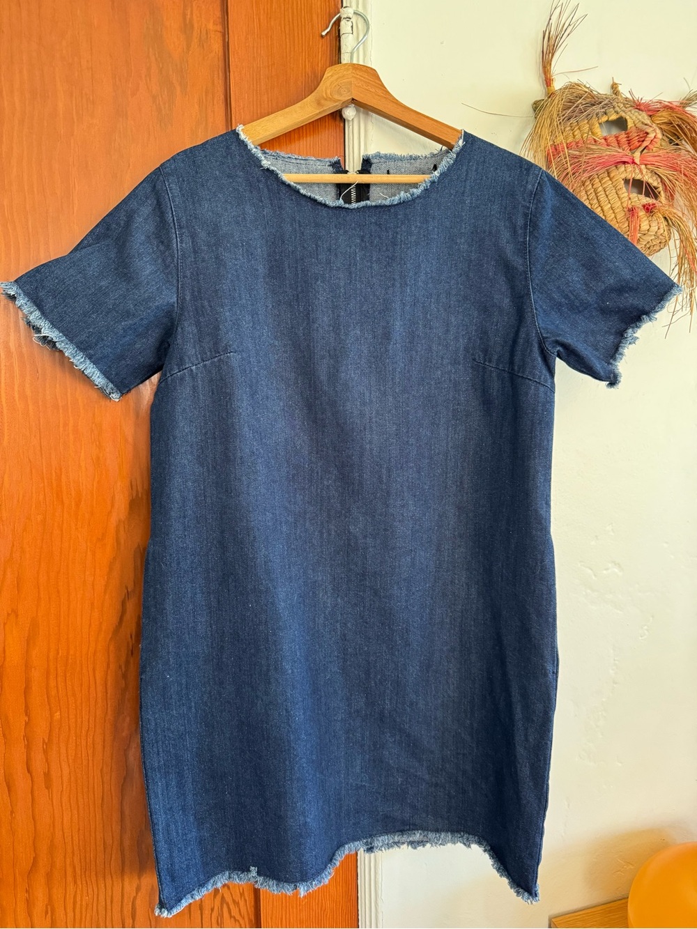 Denim Shift Dress with Frayed Trim - Dark Blue